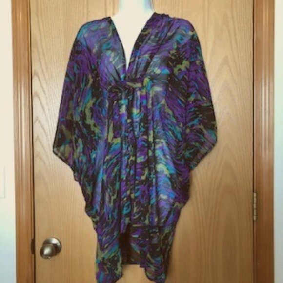 Elena Solano Plus Sheer Blouse Tunic Coverup 3X XXXL Batwing Sleeves Deep V Neck - Picture 2 of 10